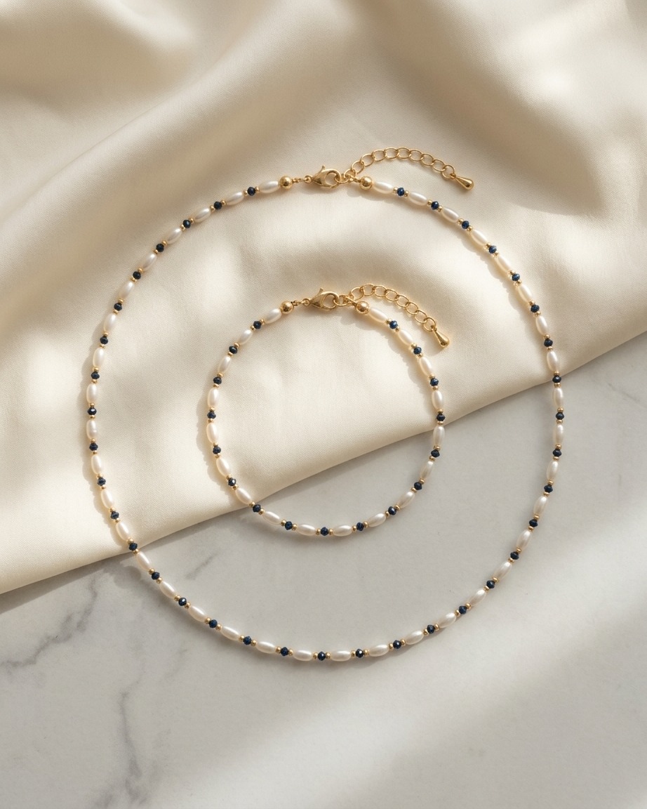 סט פנינה כחול כהה